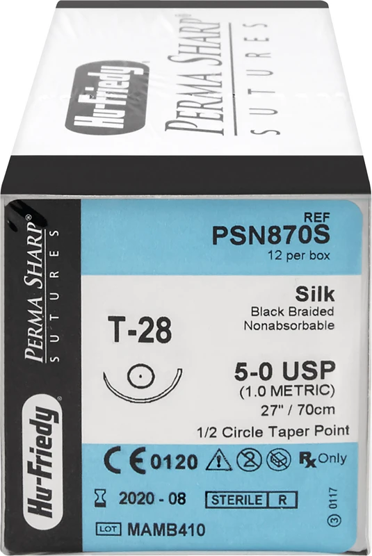 Perma Sharp Seide  Packung  12 Stück schwarz, 70 cm, T-28, 1\2 Kreis, Rundkörper, 17,5 mm, USP 5\0