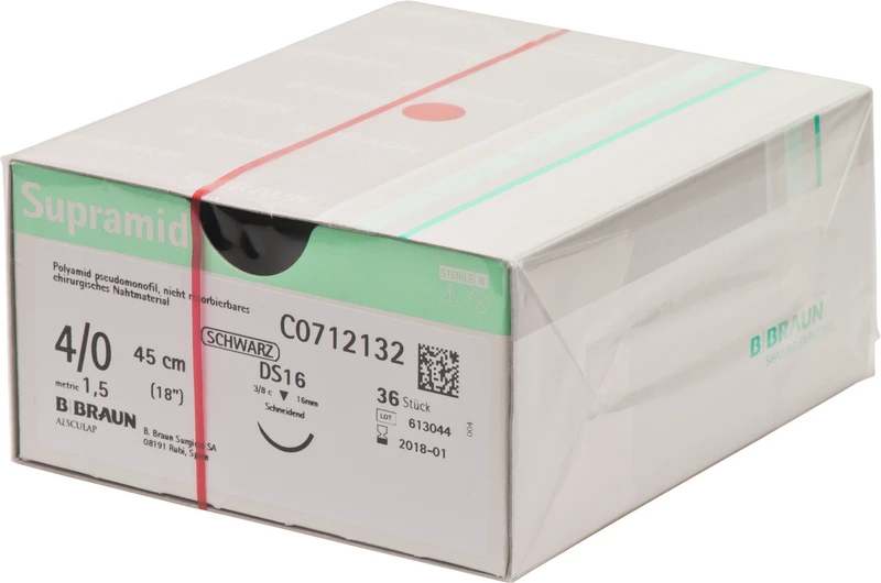 Supramid  Packung  36 Stück schwarz, 45 cm, DS16, 3\8 Kreis, schneidend, 16 mm, USP 4\0