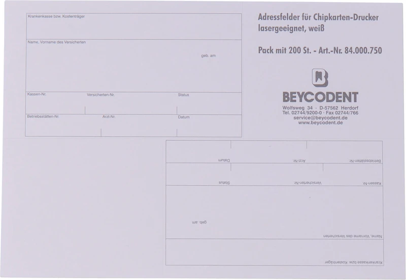 Adressfeld 750 für Chipkartenausdruck   Packung  200 Stück weiß