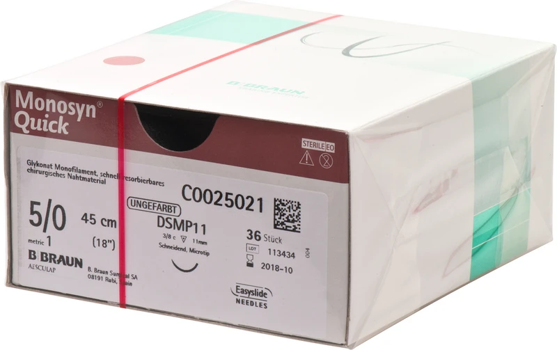 Monosyn® Quick  Packung  36 Stück ungefärbt, 45 cm, DSMP11, 3\8 Kreis, schneidend, Mikropräzision, 11 mm, USP 5\0
