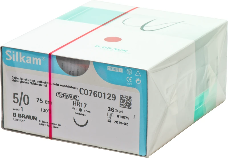 Silkam®  Packung  36 Stück schwarz, 75 cm, HR17, 1\2 Kreis, Rundkörper, 17 mm, USP 5\0