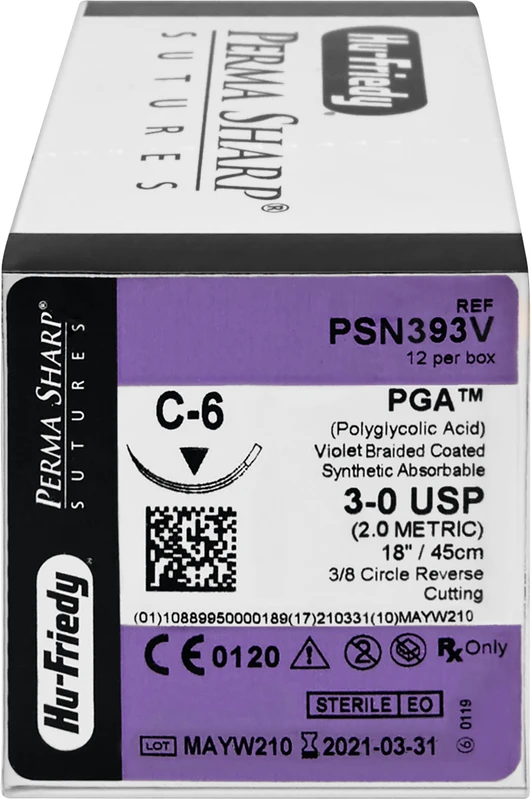 Perma Sharp PGA  Packung  12 Stück violett, 45 cm, PGA, C-6, 3\8 Kreis, schneidend, Rückstich, 18,7 mm, USP 3\0