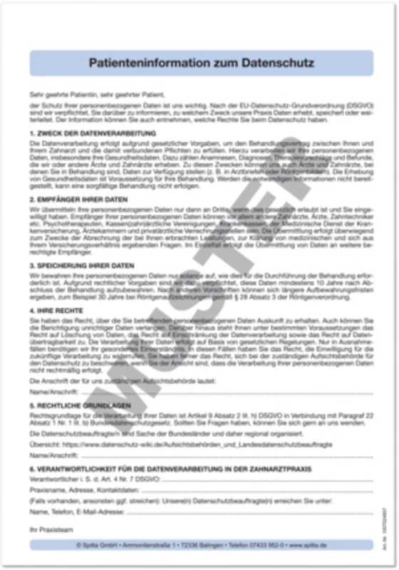 Patienteninformation zum Datenschutz   Stück  100 Blatt deutsch