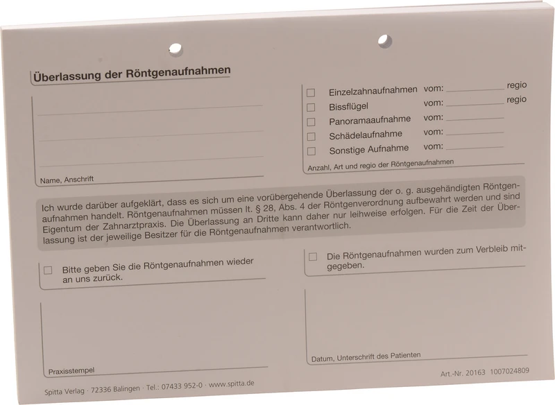 Überlassung Röntgenaufnahmen   Stück  100 Blatt