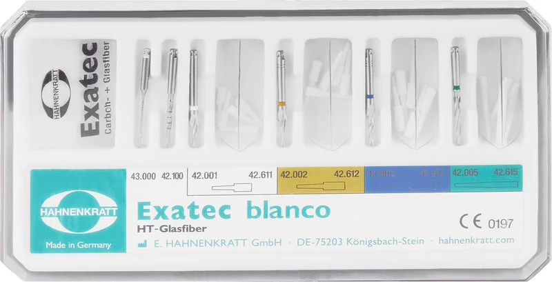 Exatec   Standard Set  2 Kanalerweiterer, 4 Kalibrierbohrer, 16 Wurzelstifte, Messschablone, Box leer