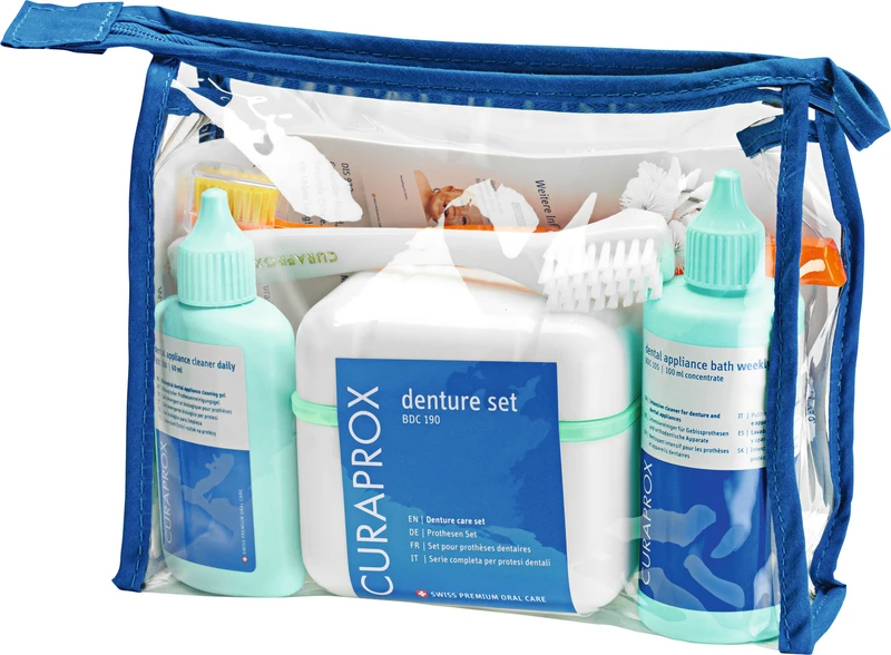 CURAPROX BDC  Set  2 Reiniger (daily, weekly), Box, Prothesenbürste, Zahnbürste, Tasche, Anleitung