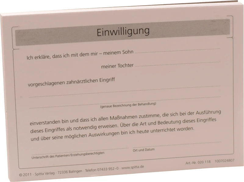 Einwilligung zahnärztlicher Eingriff   Stück  100 Blatt