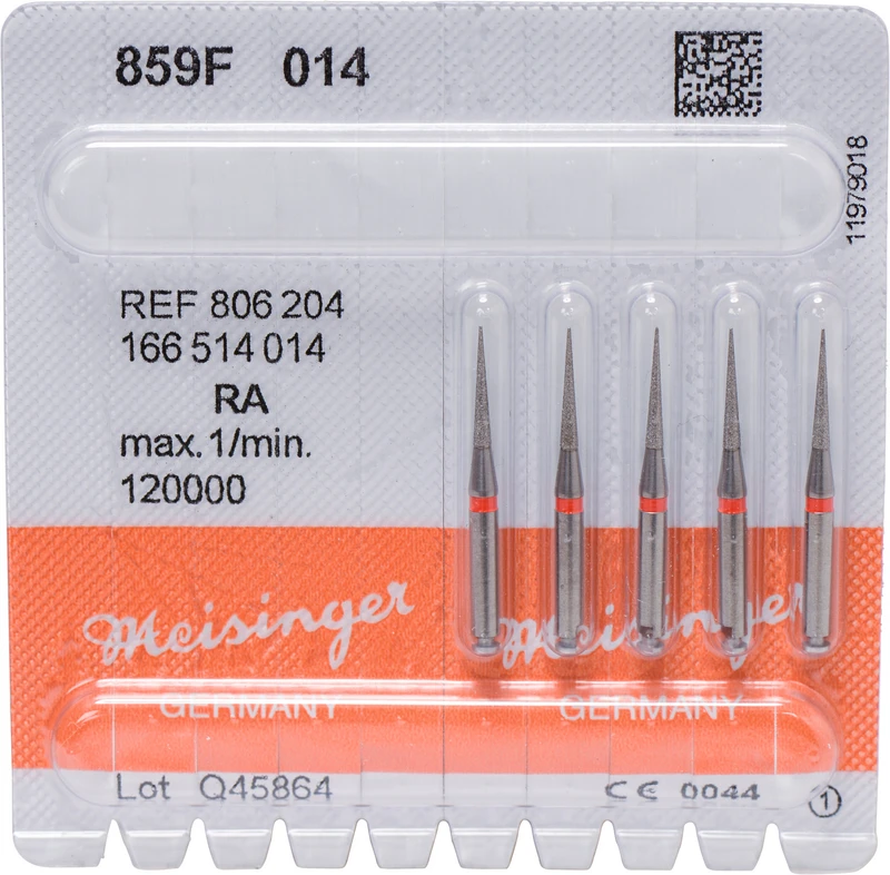 Diamanten 859  Packung  5 Stück rot fein, RA, Figur 166 kon. spitz, 10 mm, ISO 014