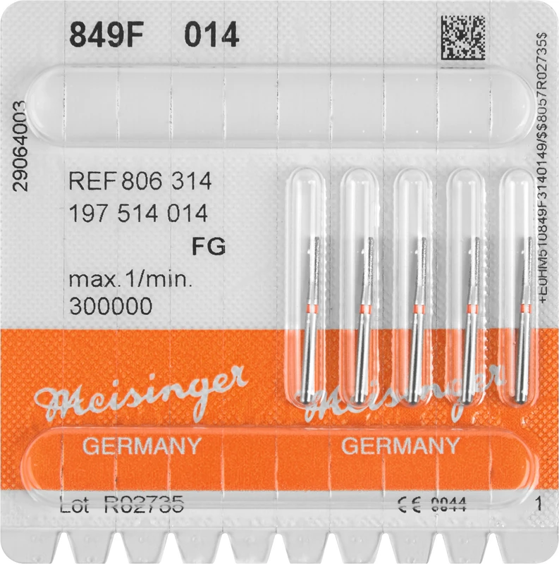 Diamanten 849  Packung  5 Stück rot fein, FG, Figur 197 Konus rund, 6 mm, ISO 014