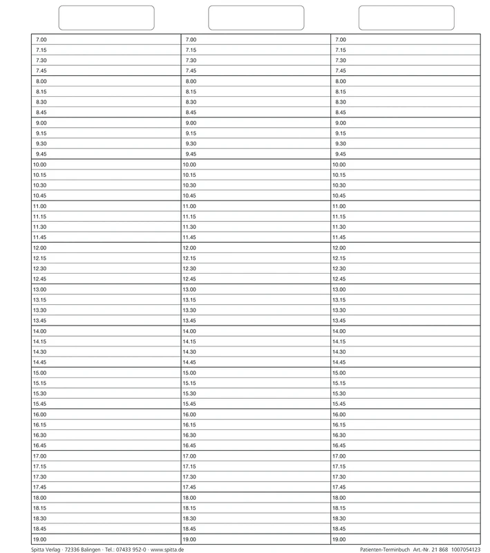 Einlageblatt Patienten-Terminbuch mit Uhrzeit   Packung  50 Stück mit Uhrzeit, durchgehend, verstärkt