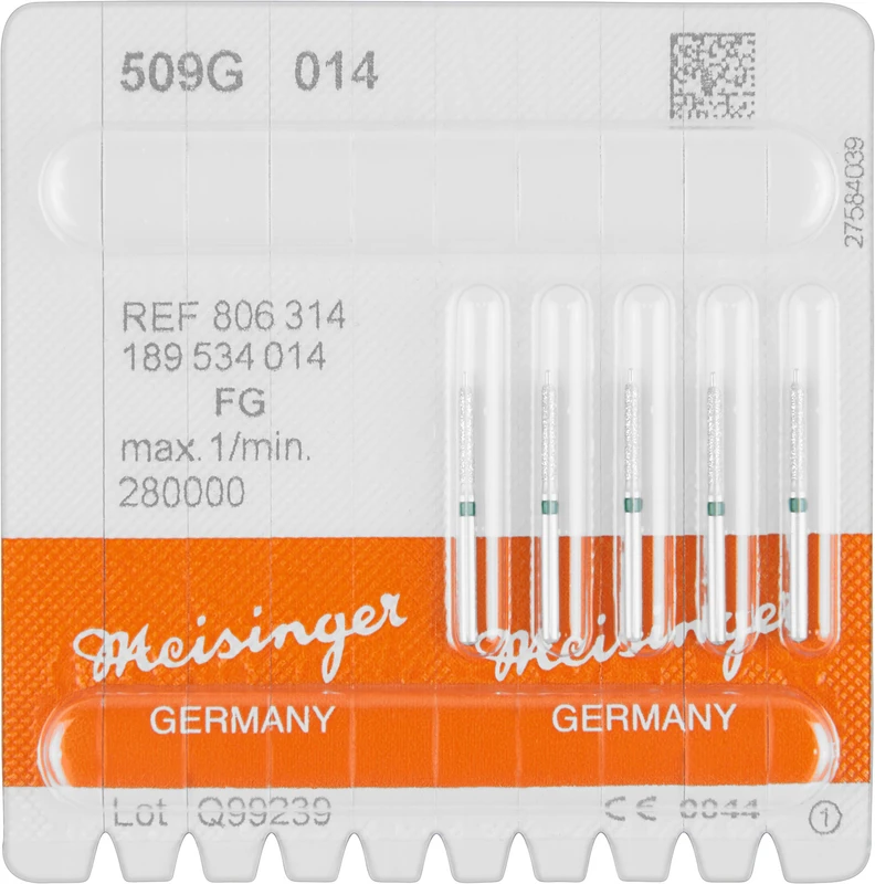 Diamanten 509  Packung  5 St. grün grob, FG, Fig. 189 Par. Hohlkehle m. Führungsspitze, 8 mm, ISO 014