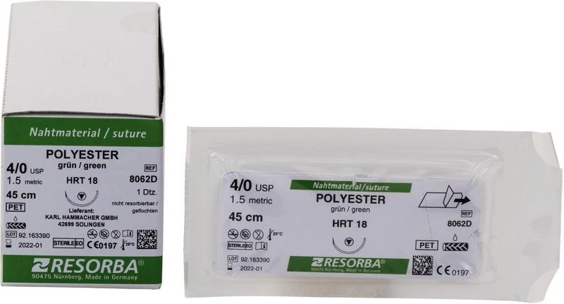 RESORBA® Polyester  Packung  12 Stück grün, 45 cm, HRT18, 1\2 Kreis, schneidender Rundkörper, 18 mm, USP 4\0