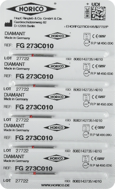Diamantschleifer 273  Packung  5 Stück rot fein, FG, Figur 273, 8 mm, ISO 010