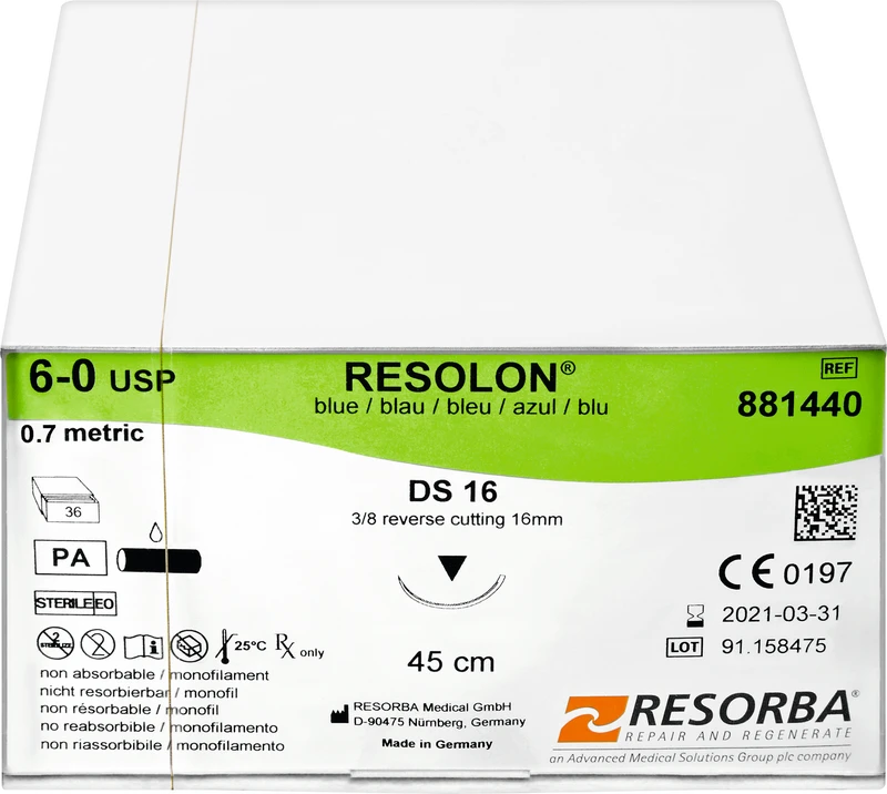 RESOLON®  Packung  36 Stück blau, 45 cm, DS16, 3\8 Kreis, außen schneidend, 16 mm, USP 6\0