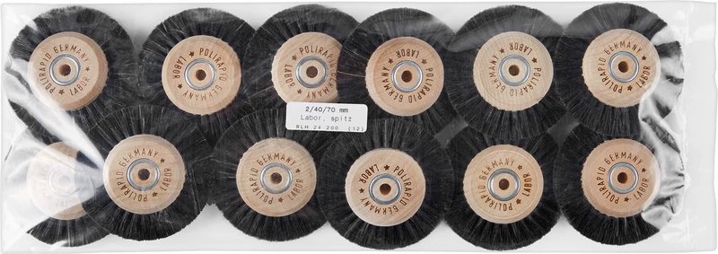 Labor Rundbürsten  Packung  12 Stück mit HK, 2-reihig, Chungking schwarz, spitz, Kern: Ø 40 mm, Außen: Ø 70 mm