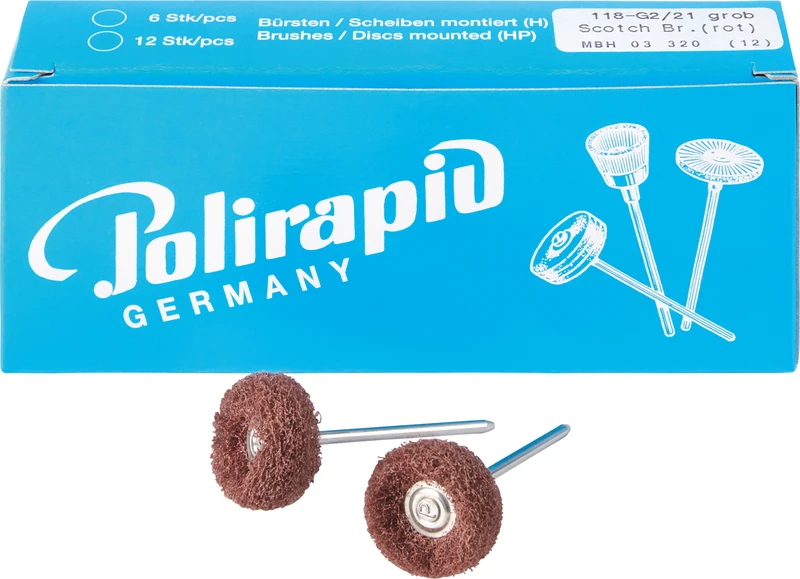 Miniaturbürsten 3M Scotch-Brite  Packung  12 Stück rot grob, HP, 2 Scheiben 3M Scotch-Brite, K: 280-320, Ø 21 mm