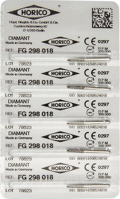 Diamantschleifer 298  Packung  5 Stück FG, Figur 298, 8 mm, ISO 018