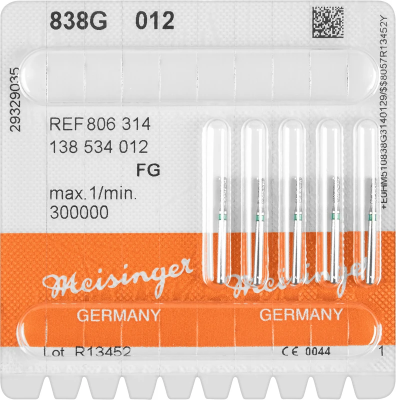 Diamanten 838  Packung  5 Stück grün grob, FG, Figur 138 Zylinder, 4 mm, ISO 012