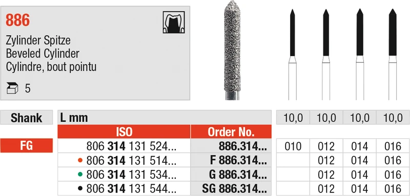 Diamanten 886  Packung  5 Stück grün grob, FG, Figur 131 Zylinder Spitze, 10 mm, ISO 016