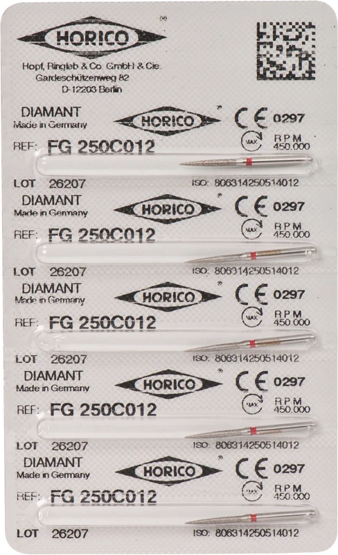 Diamantschleifer 250  Packung  5 Stück rot fein, FG, Figur 250, 10 mm, ISO 012