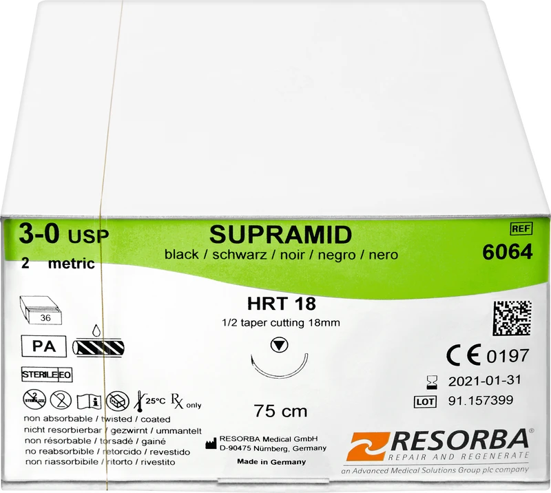 RESORBA® Supramid  Packung  36 Stück schwarz, 75 cm, HRT18, 1\2 Kreis, schneidender Rundkörper, 18 mm, USP 3\0