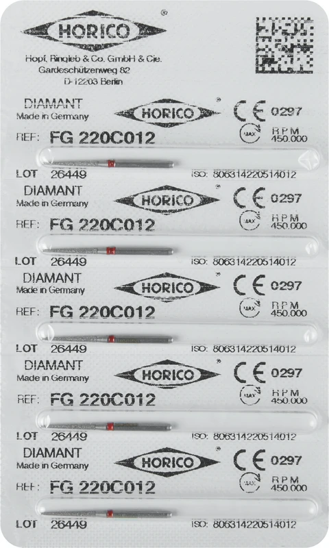 Diamantschleifer 220  Packung  5 Stück rot fein, FG, Figur 220, 10 mm, ISO 012