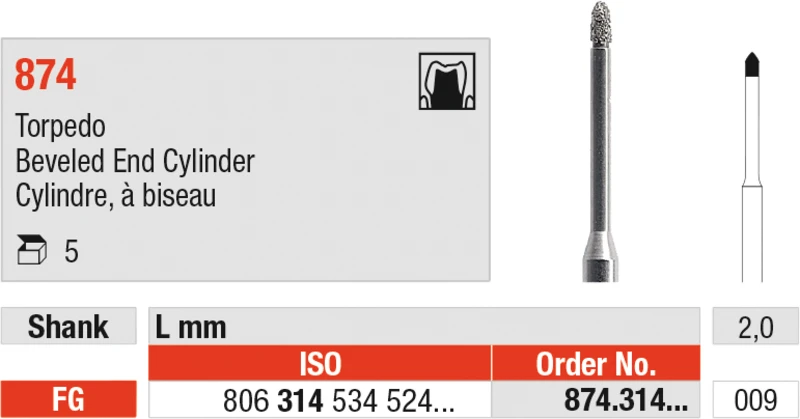 Diamanten 874K  Packung  5 Stück Standard, FG, Figur 536 Torpedo konisch, 2 mm, ISO 010