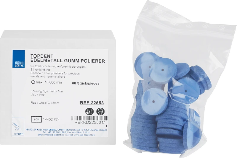 TOPDENT Edelmetall Gummipolierer  Packung  60 Stück blau fein, Rad 22 x 3 mm