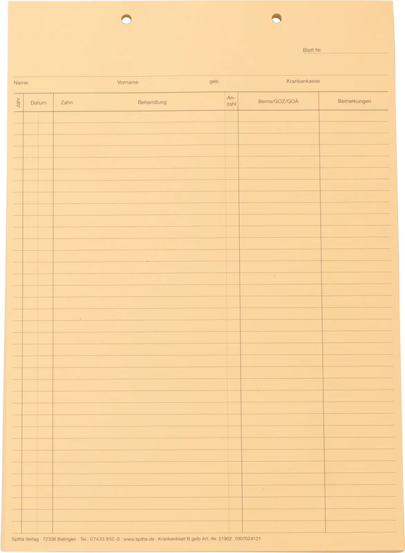 Krankenblatt B   Stück  100 Blatt gelb, kopfgelocht, für DIN A5