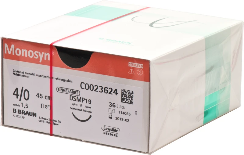 Monosyn®  Packung  36 Stück ungefärbt, 45 cm, DSMP19, 3\8 Kreis, schneidend, Mikropräzision, 19 mm, USP 4\0