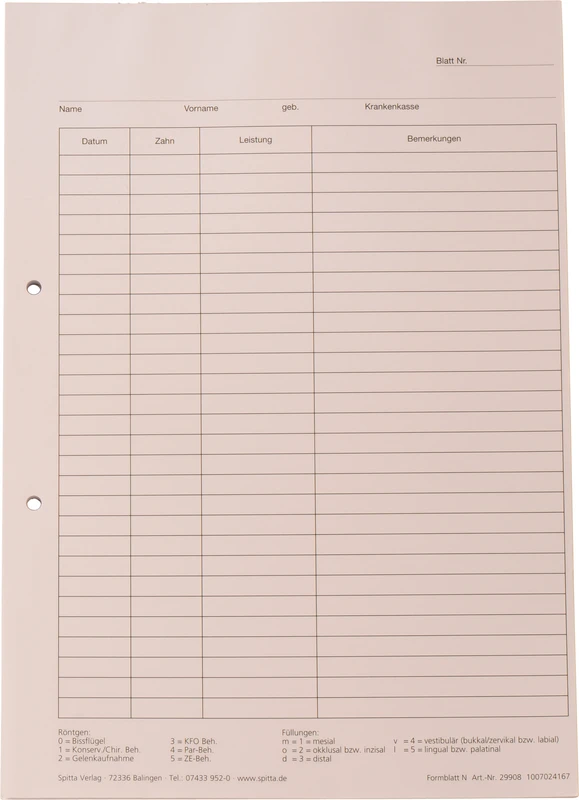 Krankenblatt N   Stück  100 Blatt seitlich gelocht, für DIN A4-Karteikarte