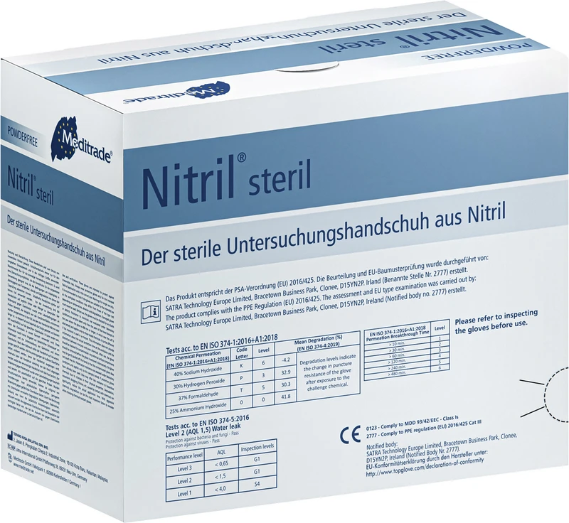 Nitril® steril   Packung  50 Paar Handschuhe blau steril, puderfrei, latexfrei, Größe L
