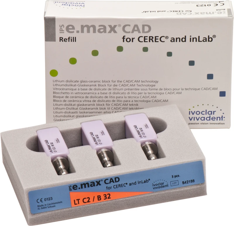 IPS e.max CAD Monolithic Solution for CEREC\inLab  Packung  3 Stück A-D Gr. B32, C2 LT