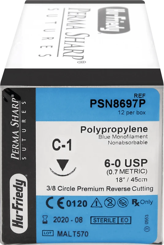 Perma Sharp Polypropylen  Packung  12 Stück blau, 45 cm, C-1, 3\8 Kreis, schneidend, Premium-Rückstich, 10,7 mm, USP 6\0