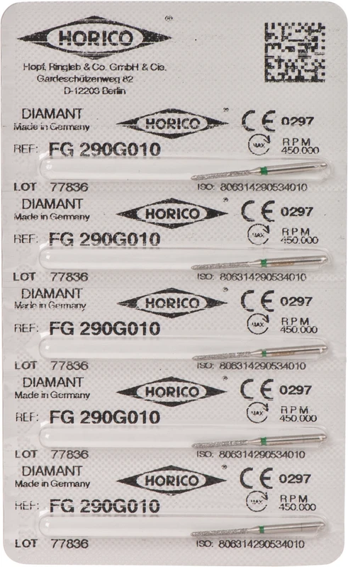 Diamantschleifer 290  Packung  5 Stück grün grob, FG, Figur 290, 10 mm, ISO 010