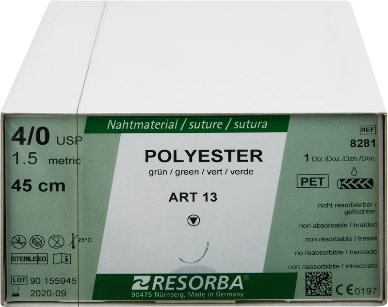 RESORBA® Polyester  Packung  12 Stück grün, 45 cm, ART13, Asymptotische schneidende Rundkörper, 25 mm, USP 4\0