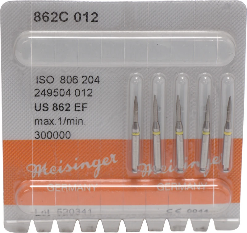 Diamanten 862  Packung  5 Stück gelb extra fein, RA, Figur 249 Flamme, 8 mm, ISO 012