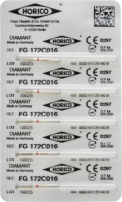 Diamantschleifer 172  Packung  5 Stück rot fein, FG, Figur 172, 8 mm, ISO 016