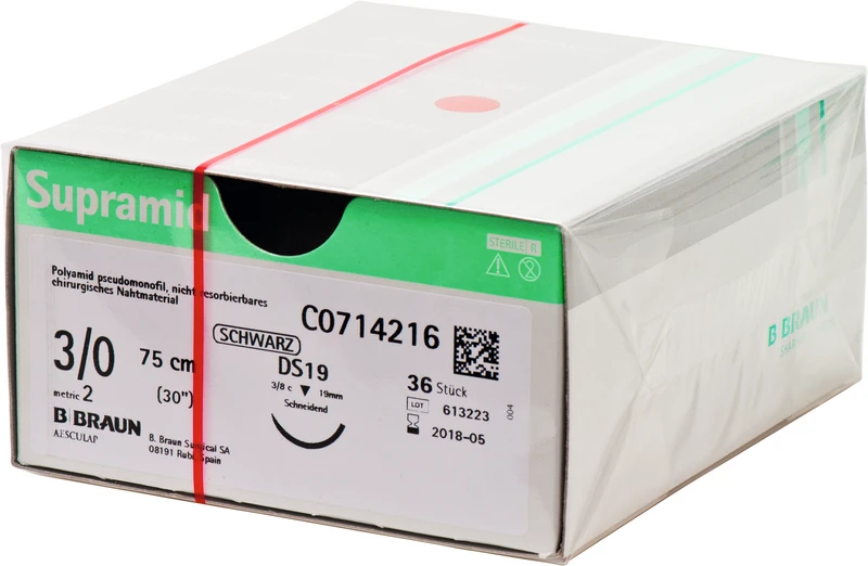 Supramid  Packung  36 Stück schwarz, 75 cm, DS19, 3\8 Kreis, schneidend, 19 mm, USP 3\0