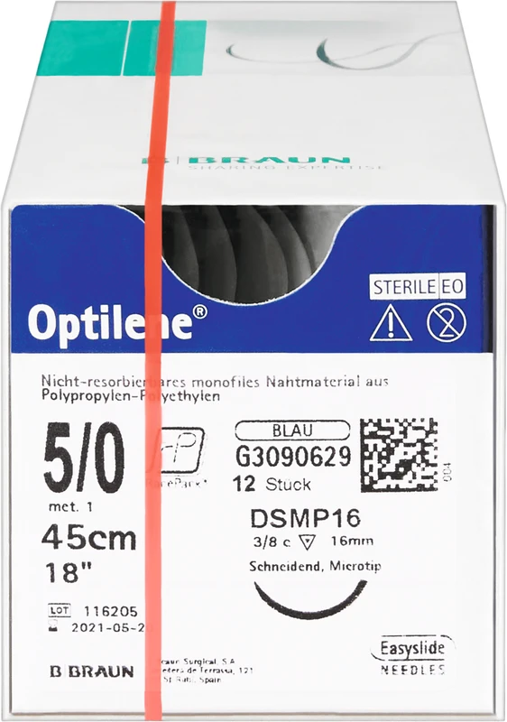 Optilene®  Packung  12 Stück blau, 45 cm, DSMP16, 3\8 Kreis, schneidend, Mikropräzision, 16 mm, USP 5\0