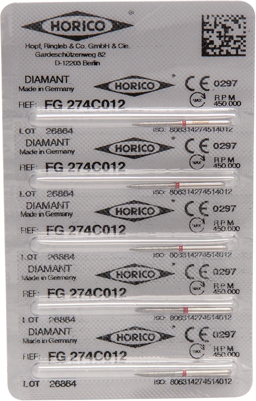 Diamantschleifer 274  Packung  5 Stück rot fein, FG, Figur 274, 10 mm, ISO 012