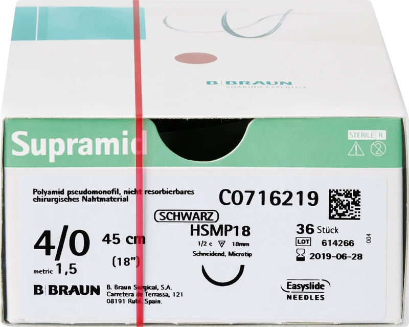 Supramid  Packung  36 Stück schwarz, 45 cm, HSMP18, 1\2 Kreis, schneidend, Mikropräzision, 18 mm, USP 6\0