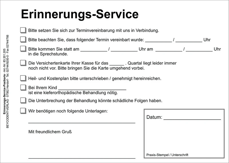 Erinnerungs-Service-Karte  Packung  100 Stück