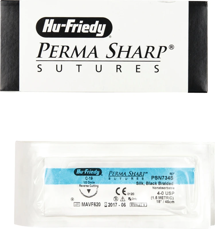 Perma Sharp Seide  Packung  12 Stück schwarz, 45 cm, C-19, 1\2 Kreis, schneidend, Rückstich, 18,3 mm, USP 4\0