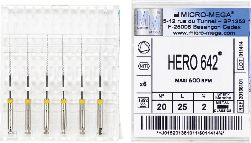 HERO 642 Feilen  Packung  6 Stück 25 mm, Taper.02, ISO 020