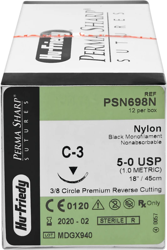 Perma Sharp Nylon  Packung  12 Stück schwarz, 45 cm, C-3, 3\8 Kreis, schneidend, Premium-Rückstich, 13 mm, USP 5\0