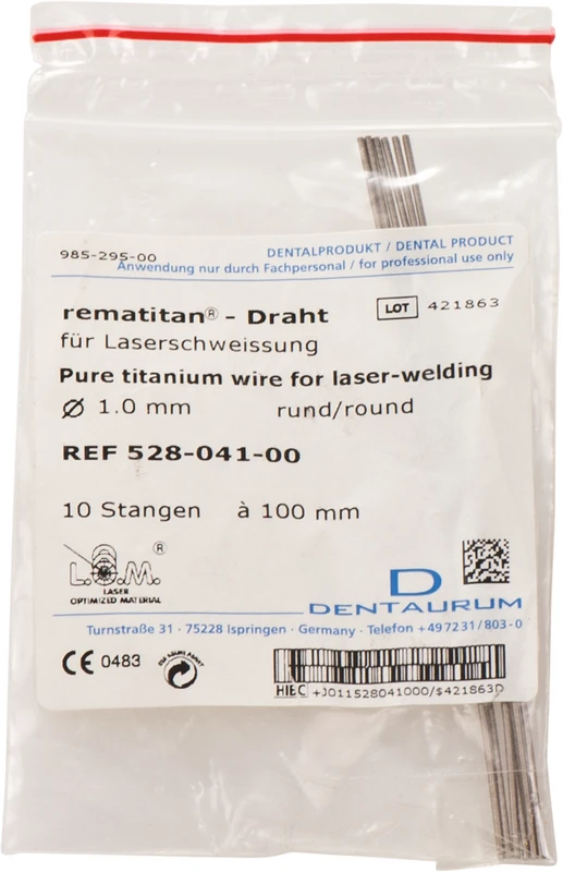 Reintitandraht  Packung  10 Stangen rund, Ø 1,0 mm, Länge 100 mm