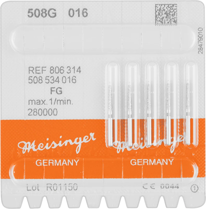 Diamanten 508  Packung  5 Stück grün grob, FG, Fig. 508 kon. Hohlkehle m. Führungssp., 7,5 mm, ISO 016