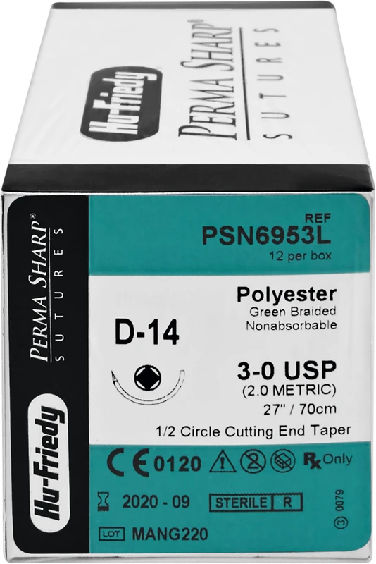 Perma Sharp Polyester  Packung  12 Stück grün, 70 cm, D-14, 1\2 Kreis, Rundkörper, schneidend, 17,5 mm, USP 3\0