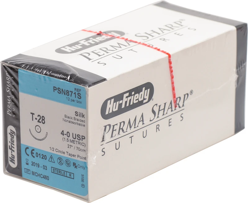 Perma Sharp Seide  Packung  12 Stück schwarz, 70 cm, T-28, 1\2 Kreis, Rundkörper, 17,5 mm, USP 4\0